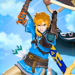 Op de afbeelding: Gedetailleerde illustratie van een personage uit de Legend of Zelda-serie. Het personage draagt een blauwe tuniek met witte randen, een bruine riem en een leren schouderbeschermer. Het personage houdt een zwaard en pijl en boog vast. De achtergrond is een blauwe lucht met wolken.