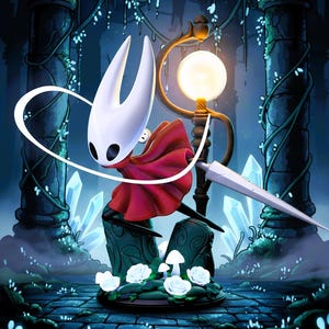 May include: A detailed figurine of a character from the video game Hollow Knight. The character has a white head, red cape, and a long, silver weapon. The figure is set in a fantasy environment with glowing lights and blue accents.