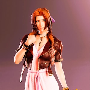 May include: A 3D rendered figure of a woman with auburn hair and green eyes. She wears a pink dress, a brown leather jacket with gold zippers, and a black choker necklace. Her wrists are adorned with bracelets, and she has a purple bow in her hair.