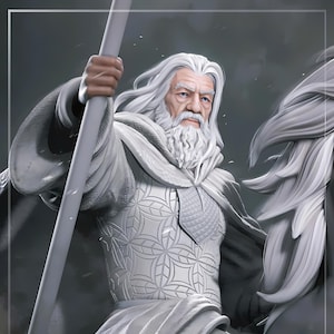 May include: A detailed digital illustration of a character with long white hair and a long white beard, wearing white robes and holding a staff. The character's armor has a floral pattern. The background is a muted gray.