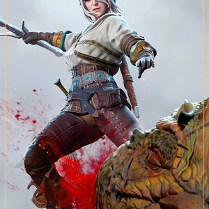 May include: A digital illustration of a character from The Witcher video game series. The character, with white hair, is in a dynamic pose, wielding a sword. The scene includes a monster and splatters of red blood.