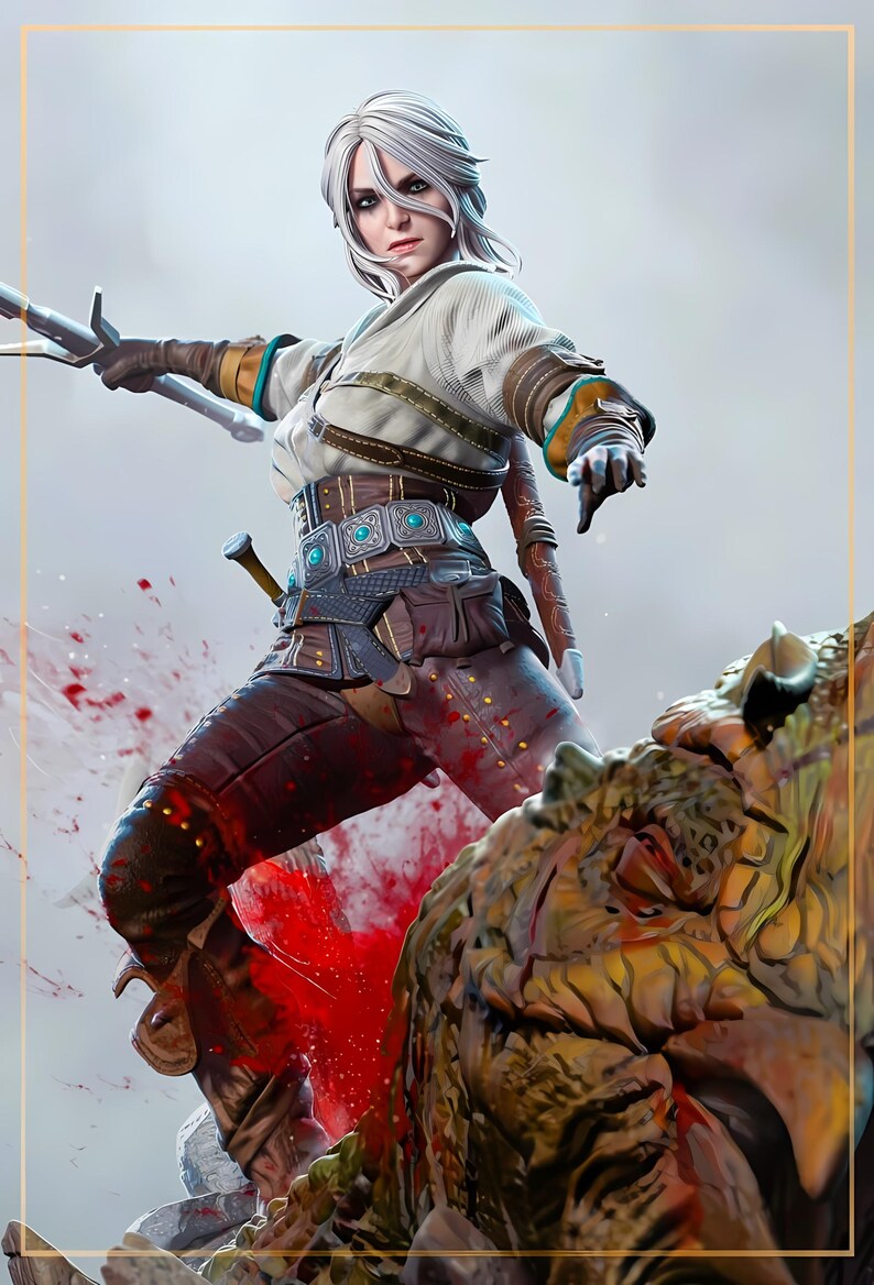 May include: A digital illustration of a character from The Witcher video game series. The character, with white hair, is in a dynamic pose, wielding a sword. The scene includes a monster and splatters of red blood.