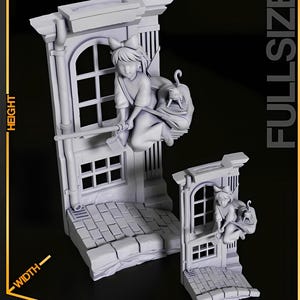 May include: A gray miniature sculpture of a girl riding a broom with a cat, perched on a building facade. The sculpture is labeled as 1:10 scale, with dimensions of 204mm height, 113mm width, and 149mm length. A smaller miniature version is also shown.