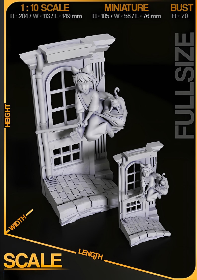 May include: A gray miniature sculpture of a girl riding a broom with a cat, perched on a building facade. The sculpture is labeled as 1:10 scale, with dimensions of 204mm height, 113mm width, and 149mm length. A smaller miniature version is also shown.
