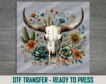 Floral Cow Skull DTF Transfer: Boho Southwest Apparel