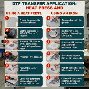 The image is a detailed instructional poster on how to use a heat press and an iron for transferring images onto fabric. It provides step-by-step instructions on how to properly use these machines to achieve a clean and smooth transfer of images onto clothing.