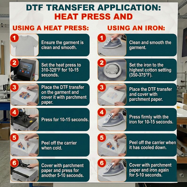 The image is a detailed instructional poster on how to use a heat press and an iron for transferring images onto fabric. It provides step-by-step instructions on how to properly use these machines to achieve a clean and smooth transfer of images onto clothing.