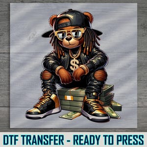 Hip Hop Bear DTF Transfer, Cool Gold Chain Design, Ready to Press, DIY Apparel Art, Vibrant Shirt Decor, Easy to Apply
