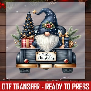 Merry Christmas Gnome DTF Transfer, Featuring Gnome in Truck with Gifts and Festive Tree, Perfect for Holiday Apparel, Home Decor