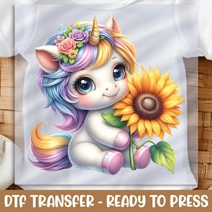 Cute Unicorn DTF Transfer, Pastel Baby Unicorn with Sunflower, Ready to Press Iron-On, DIY T-Shirt Design, Fantasy Animal Print
