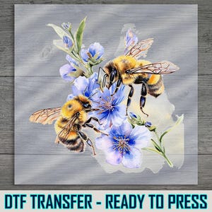 Bee Floral DTF Transfer, Honey Bees on Blue Watercolor Flowers, Ready to Press, DIY Nature Shirt for Garden and Bee Lovers