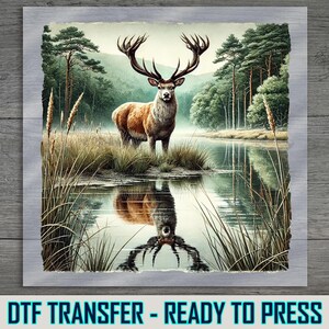 Majestic Deer DTF Transfer, Stunning Wildlife Art with Lake Reflection, Ready to Press, DIY Apparel Design, Perfect for Nature Lovers