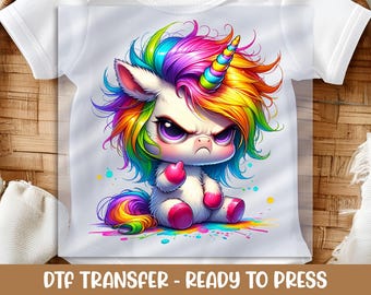 Angry Rainbow Unicorn DTF Transfer: Iron-On Shirt Design
