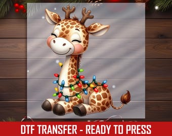 Christmas Baby Giraffe DTF Transfer, Ready To Press Cute Holiday Lights Iron-On for Kids Apparel