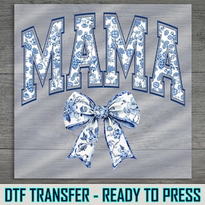Mama Floral DTF Transfer: Blue & White Bow, Ready to Press
