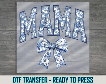 Mama Floral DTF Transfer: Blue & White Bow, Ready to Press