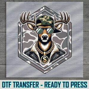 Stylish Deer DTF Transfer, Cool Animal in Camo Hat with Gold Chain, Ready to Press, DIY Apparel Design, Easy to Use Shirt Print for Clothing