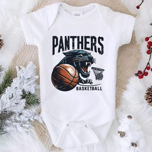 a baby bodysuit with a panther basketball on it