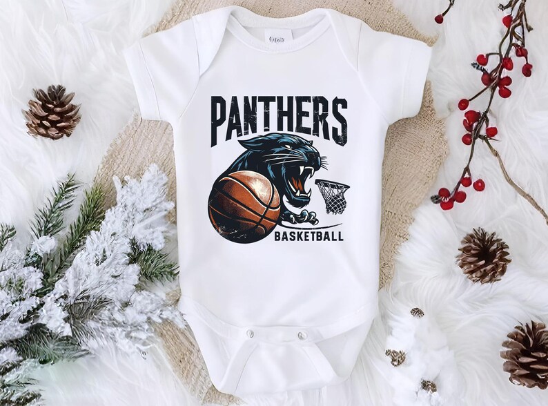 a baby bodysuit with a panther basketball on it