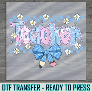 Cute Teacher Bow DTF Transfer, Pastel Pattern Print with Pencils and Flowers, Ready to Press for School Outfits