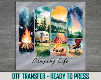 Camping Life DTF Transfer: Scenic Tent, Campfire, and Lake Design