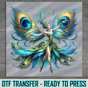 Peacock Fairy Woman DTF Transfer: Elegant Wings, DIY Costume Art