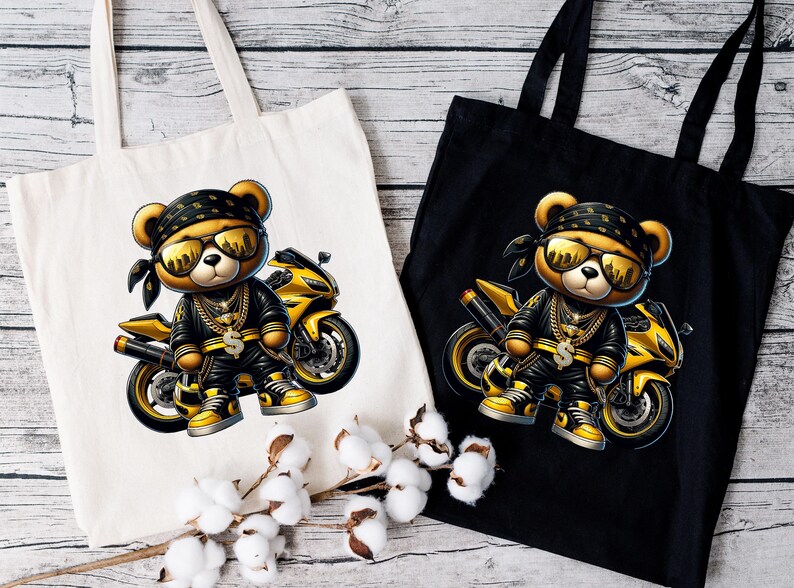 two black and yellow teddy bears on motorcycles on a tote bag