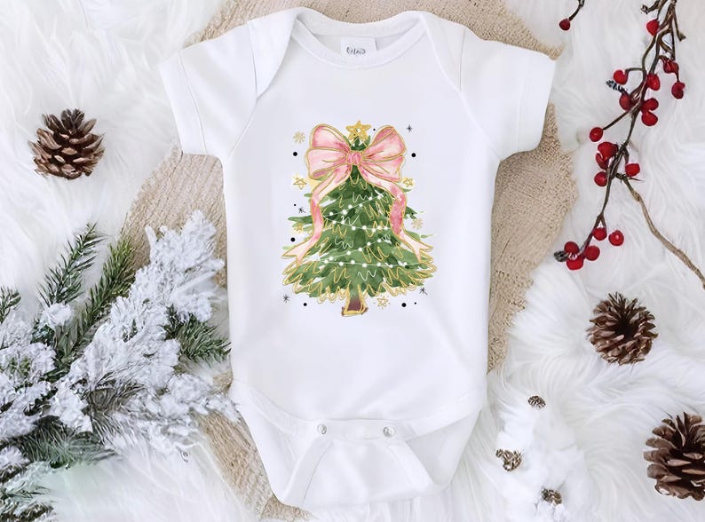 a baby bodysuit with a christmas tree on it