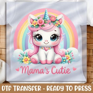 Mama&#39;s Cutie Unicorn DTF Transfer, Sweet Baby Unicorn with Rainbow Design, Ideal for Baby Clothes, Ready to Press DIY Transfer