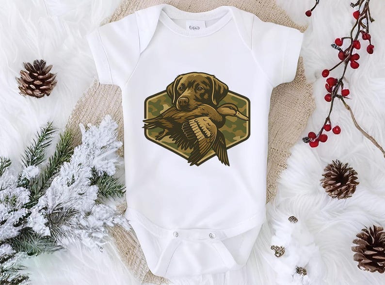 A white baby onesie with a graphic of a dog holding a bird is displayed on a white surface, surrounded by pine cones and red berries.