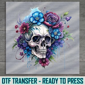 Gothic Floral DTF Transfer, Skull Surrounded by Roses and Wildflowers, Halloween Shirt Art, Heat Press Ready Skeleton Print