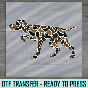 Camo Dog Silhouette DTF Transfer, Hunting-Themed Design, Ready to Press Iron-On, DIY Shirt for Hunters, Easy to Apply Gift
