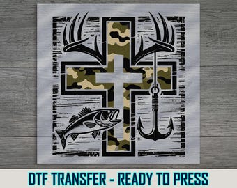 Military Style Cross DTF Transfer: Hunting Fishing Design, Ready to Press