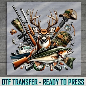Hunting and Fishing DTF Transfer, Deer and Bass Design, Ready to Press Iron-On, Perfect for Outdoor and Sportsman DIY Craft Projects
