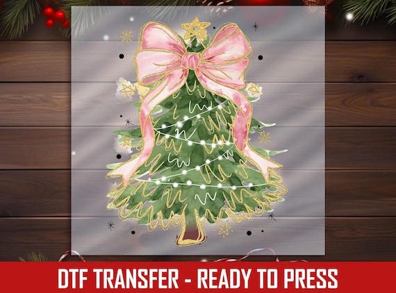 Pink Holiday Bow Christmas Tree DTF Transfer, Festive Apparel Ready To Press Design