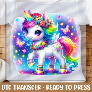 Baby Unicorn DTF Transfer, Rainbow and Flower Design, Ready to Press, DIY Baby Apparel, Neon Star Unicorn, Heat Press for Baby Clothes