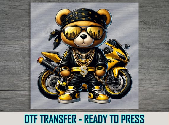 Motorcycle Bear DTF Transfer: Urban Apparel Art, Ready to Press