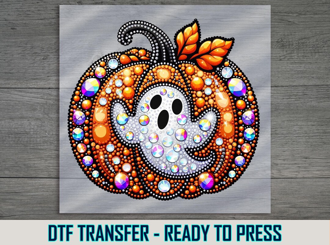 Ghost Pumpkin Halloween DTF Transfer, Ready to Press, Sparkly Ironon