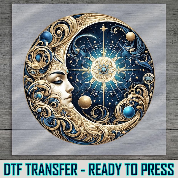 Transferencia Celestial Moon DTF: Cielo estrellado dorado y azul, listo para imprimir.