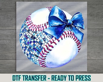 White Baseball DTF Transfer, Blue Bow Iron-On Design, DIY Sports Shirt Decoration, Ready to Press, Easy DTF Print