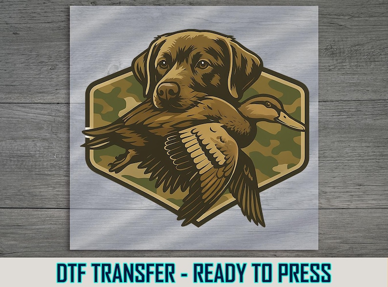 A dog is depicted holding a duck in its mouth, with a camouflage pattern around them, in a stylized illustration.