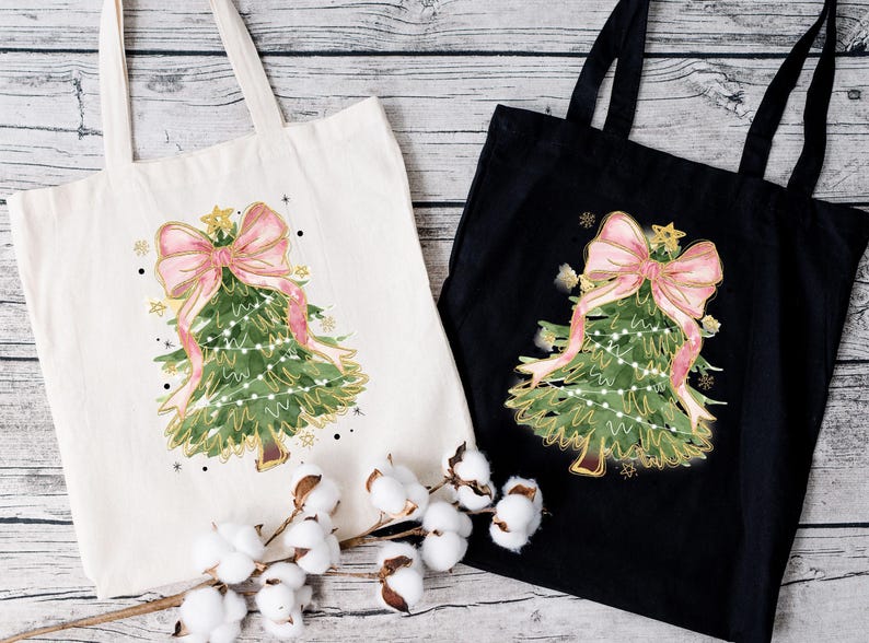 two bags decorated with christmas trees and bows