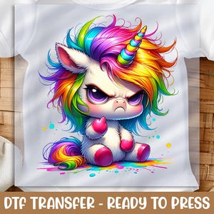 Angry Unicorn DTF Transfer, Rainbow Hair Unicorn Cartoon Art, Ready to Press Design, DIY Baby Shirt, Easy Iron-On Print