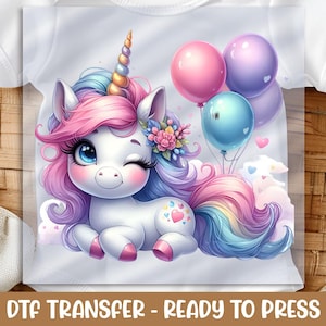 Adorable Unicorn DTF Transfer, Pastel Baby Unicorn with Balloons, Ready to Press Iron-On, DIY Shirt Design, Fantasy Cute Print