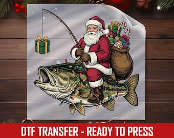 Christmas Bass Shirt Transfer, Santa Fishing Design (DTF Decal)