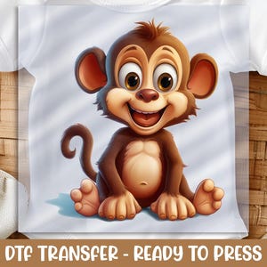 Cartoon Monkey DTF Transfer, Adorable Smiling Jungle Animal, Ready to Press DIY Shirt Print for Children’s Apparel Projects
