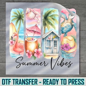 Summer Vibes DTF Transfer: Coastal Beach Flamingo Turtle Apparel