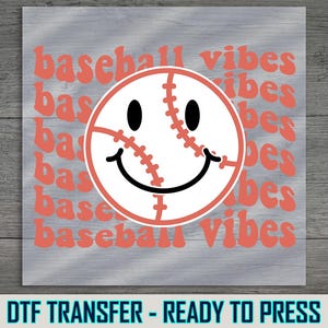 Smiley Baseball Vibes DTF Transfer, Fun Sports Iron On, DIY Shirt Print, Ready to Press, Game Day Retro Look