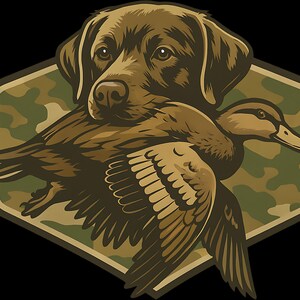 A brown dog is depicted holding a duck in its mouth, set against a camouflage background.
