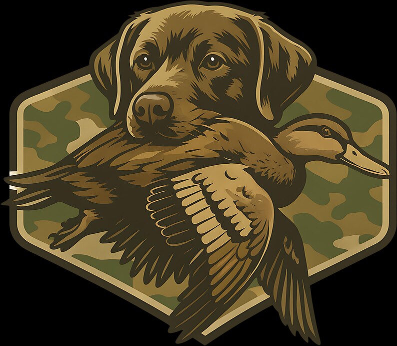 A brown dog is depicted holding a duck in its mouth, set against a camouflage background.